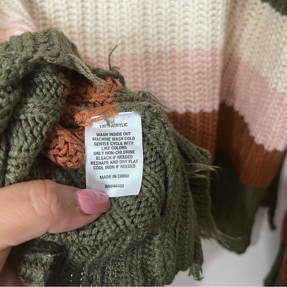 Wonderly Distressed Striped V-Neck Sweater - Olive, Pink, Brown - Picture 3 of 7